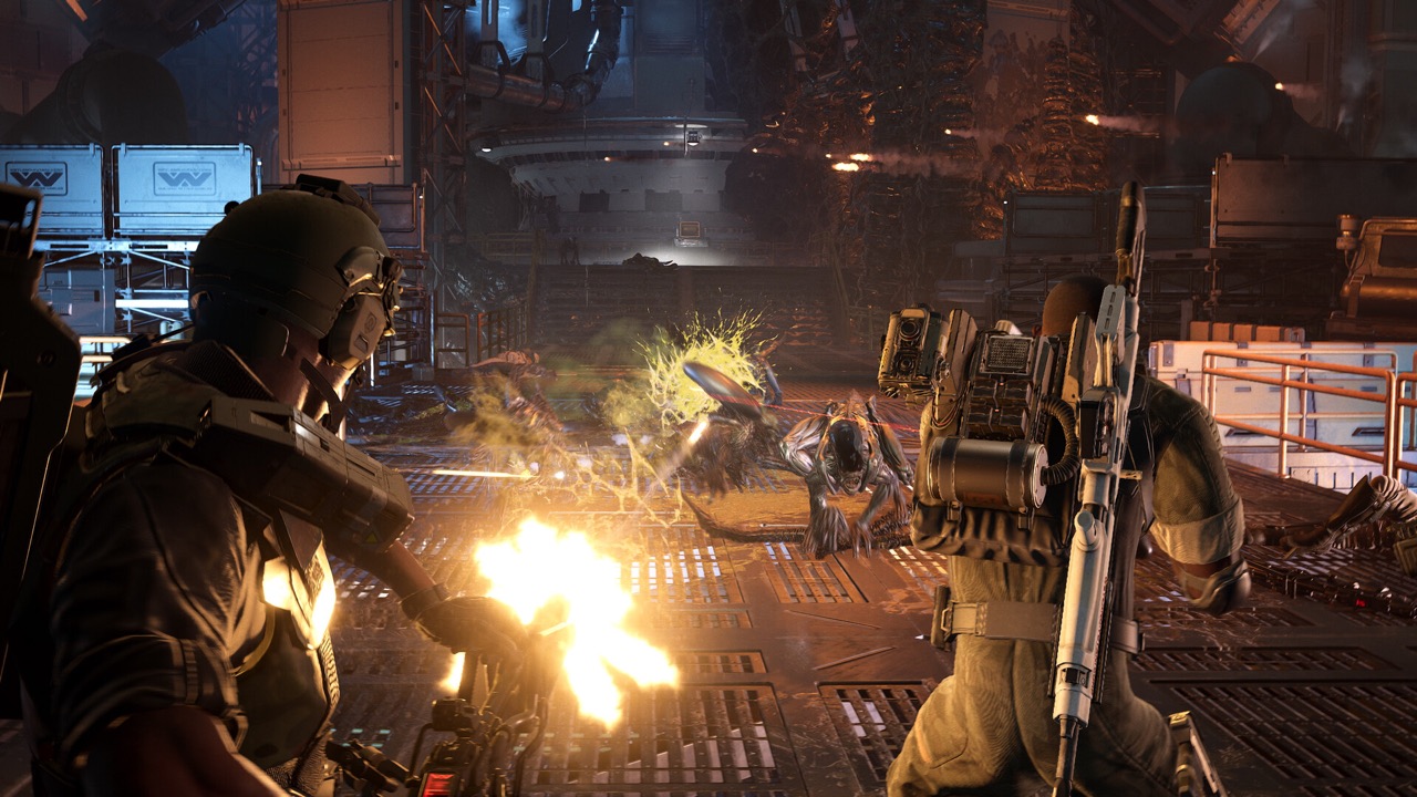 Official Steam screenshot — a fireteam holding against a Xenomorph wave (Steam store page)